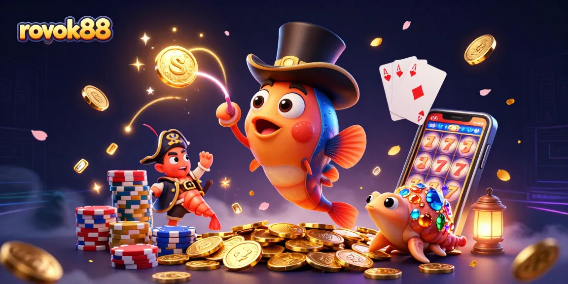 Engage with rokok88's vibrant casino fantasy scene featuring a lucky anglerfish, treasure, and gleaming coins.
