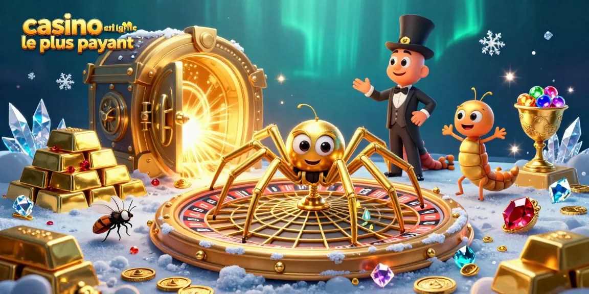 Illustration artistique de casino en ligne le plus payant avec une araignée dorée et un croupier centipède.
