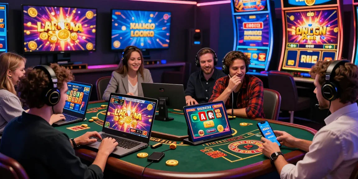 Exciting gaming atmosphere showcasing non UK casinos with players on various devices enjoying diverse games and bonuses.