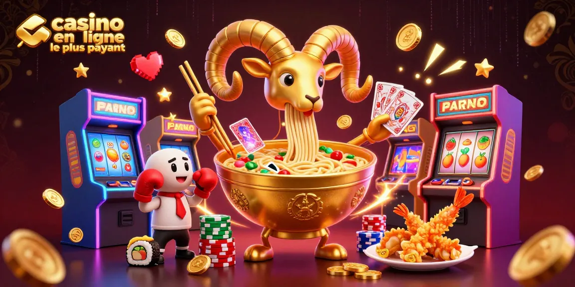 Un casino en ligne le plus payant avec un bol de ramen géant et des personnages jouant aux cartes.