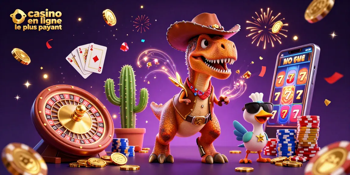 Illustration captivante de casino en ligne le plus payant avec un dinosaure cowboy et des éléments de jeu.