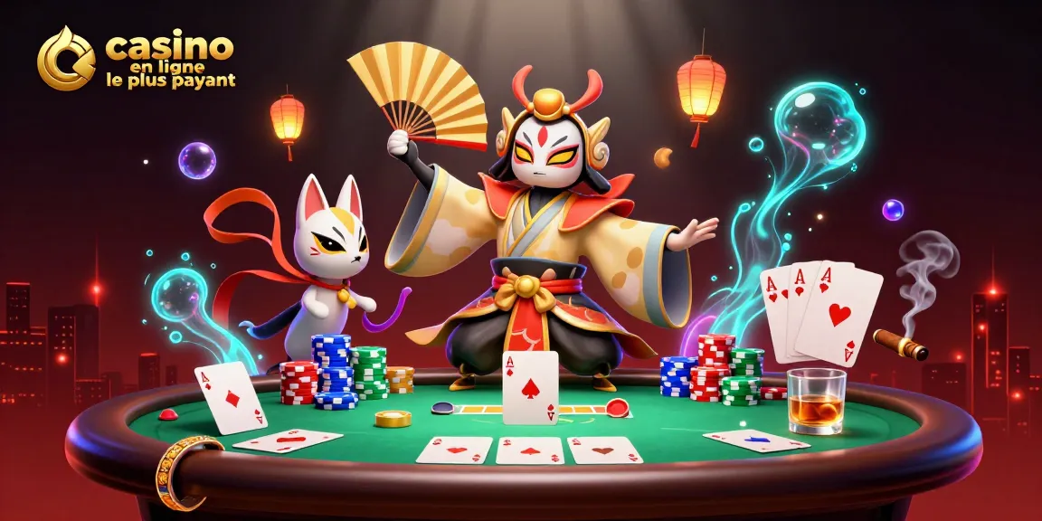 Ambiance de casino en ligne le plus payant, un guerrier kabuki et un masque kitsune autour d'une table de poker.